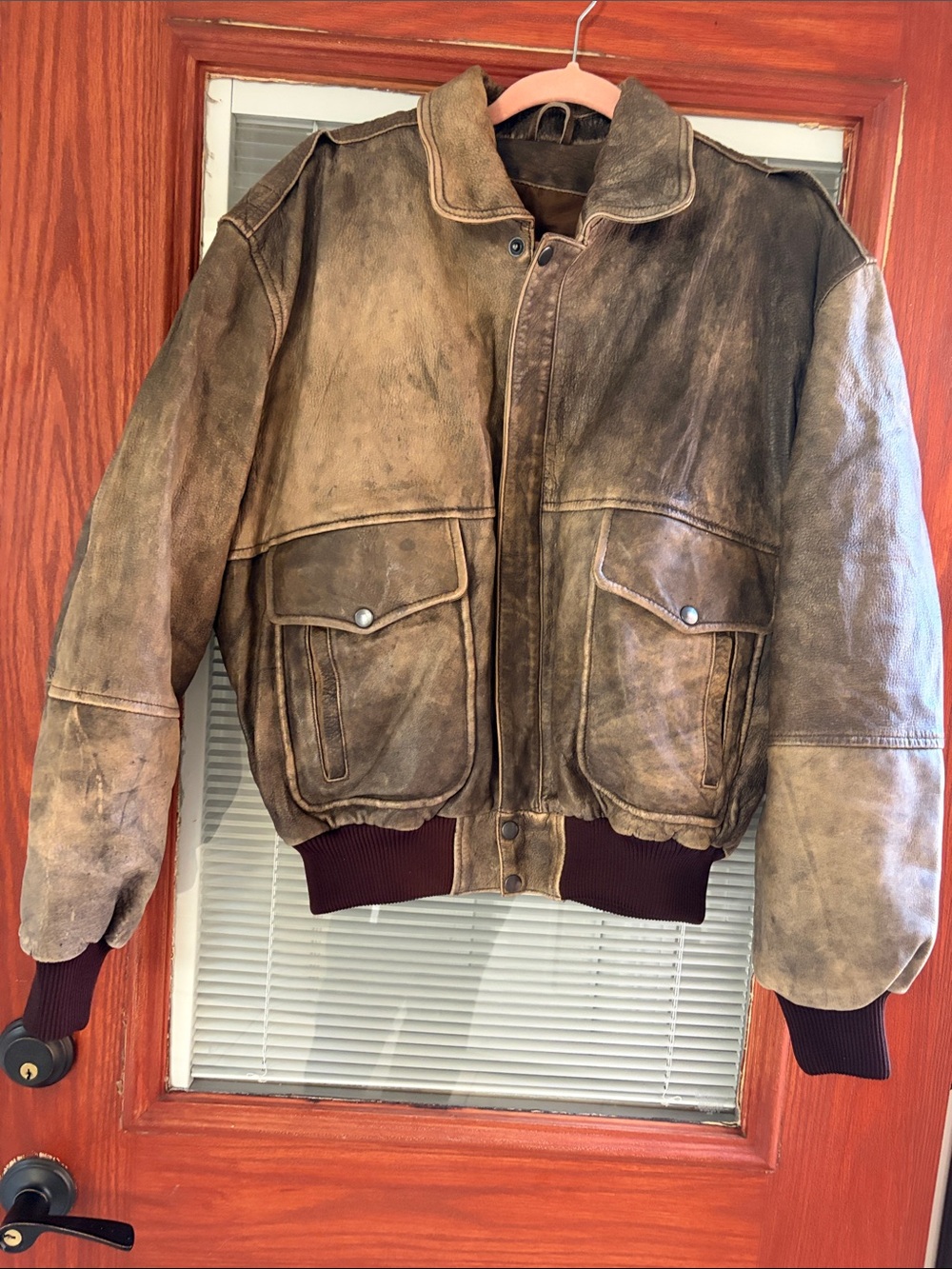 VTG bomber leather distressed jacket 24” pit to pit 23” in length